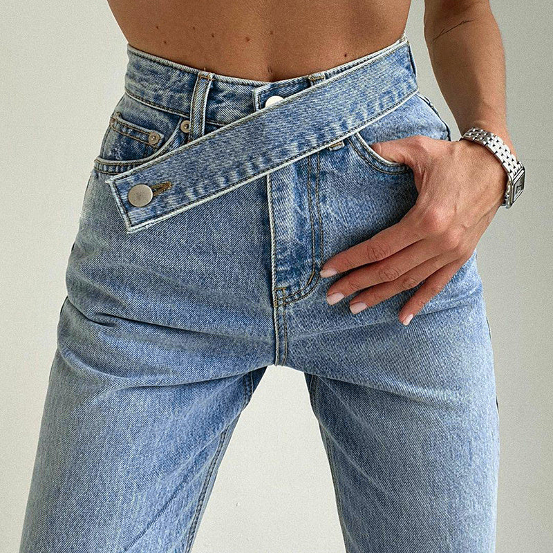 Raka jeans dam med korsad linning