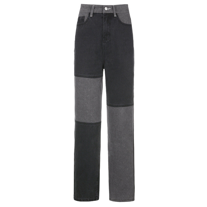 Raka patchworkjeans dam med hög midja