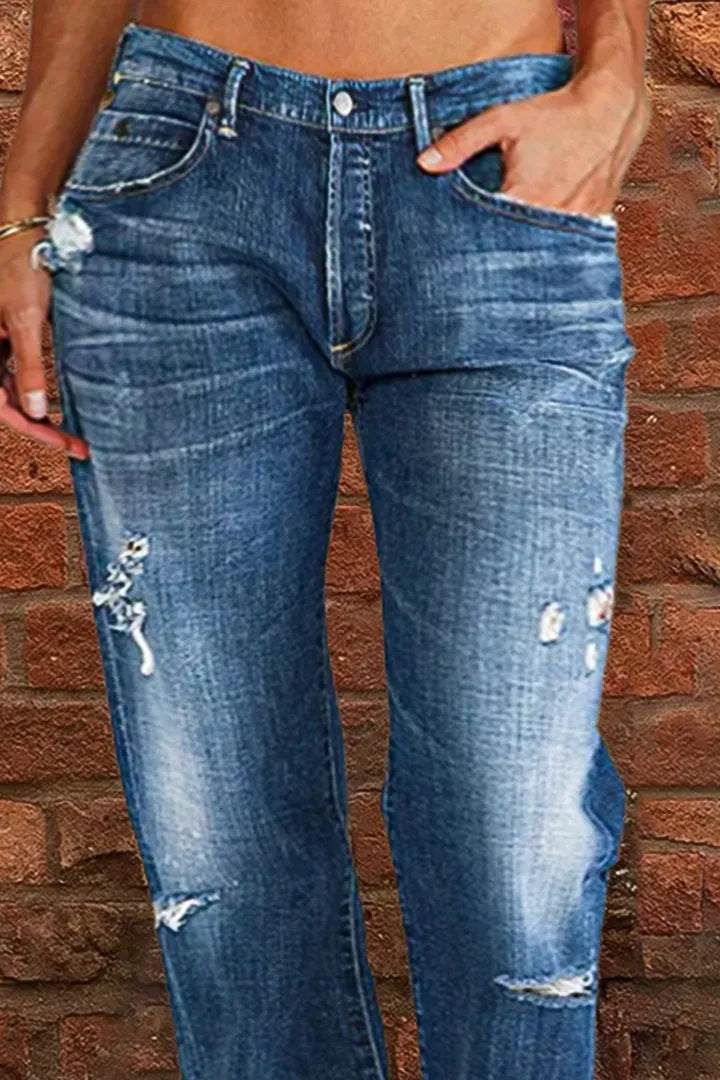 Avslappnade jeans dam med sliten vintageeffekt