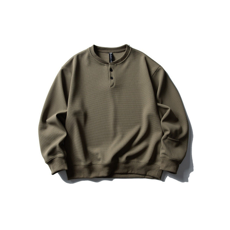 Våffelstickad sweatshirt herr med knappslå