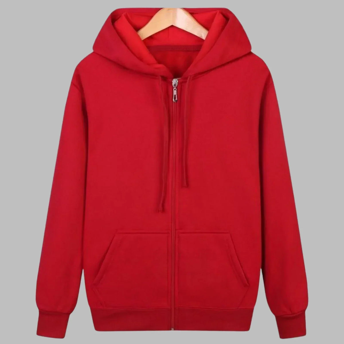 Hoodie herr med hel dragkedja | Röd huvtröja med justerbar dragsko | Två framfickor och ribbade ärmslut