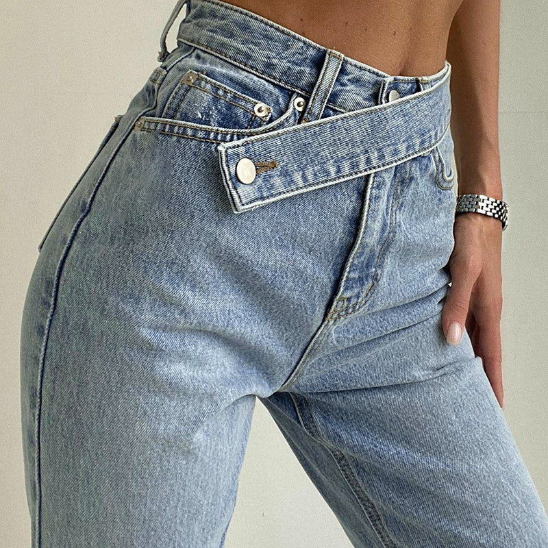 Raka jeans dam med korsad linning