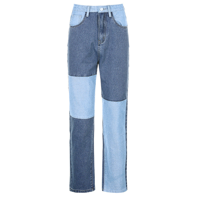 Raka patchworkjeans dam med hög midja