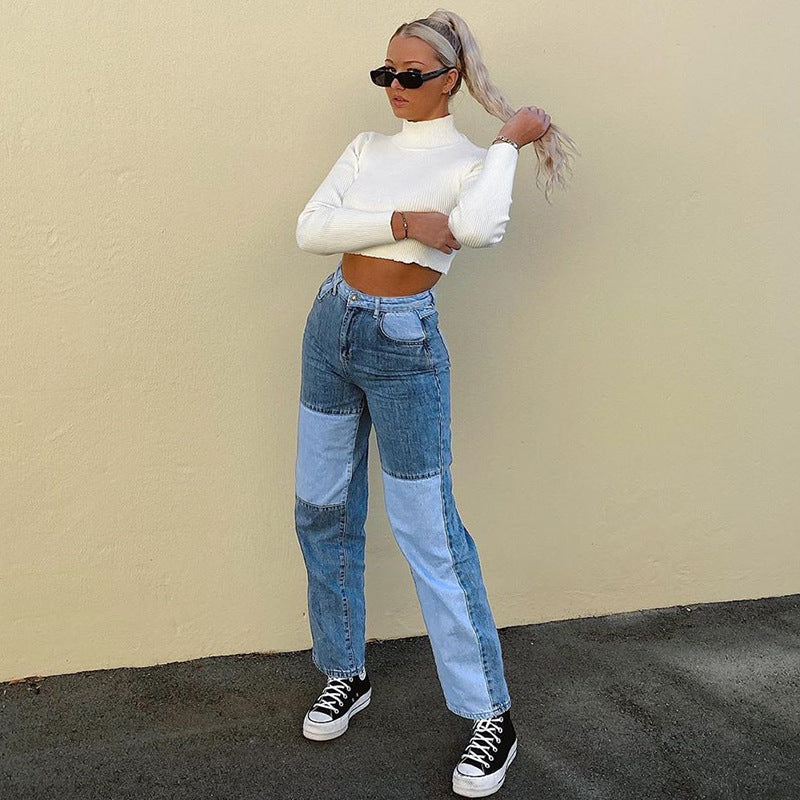 Raka patchworkjeans dam med hög midja