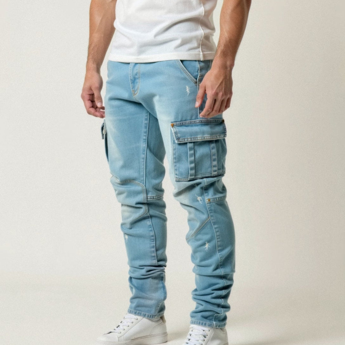 Cargojeans herr med sidofickor och smal passform