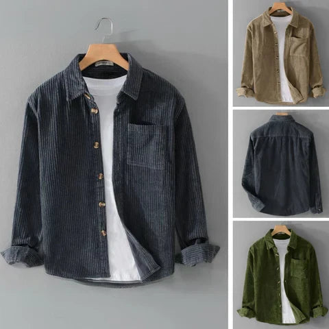 Overshirt herr med räfflad struktur | Påsydd bröstficka och hel knappslå | Skjortkrage och långa ärmar