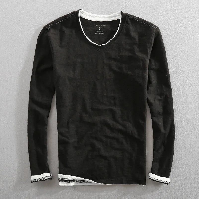 Långärmad t-shirt herr med v-ringning och kontrastkanter
