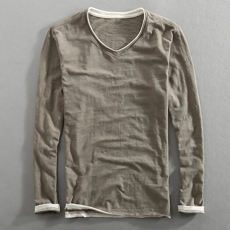 Långärmad t-shirt herr med v-ringning och kontrastkanter