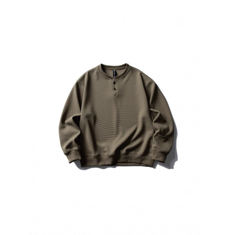 Våffelstickad sweatshirt herr med knappslå