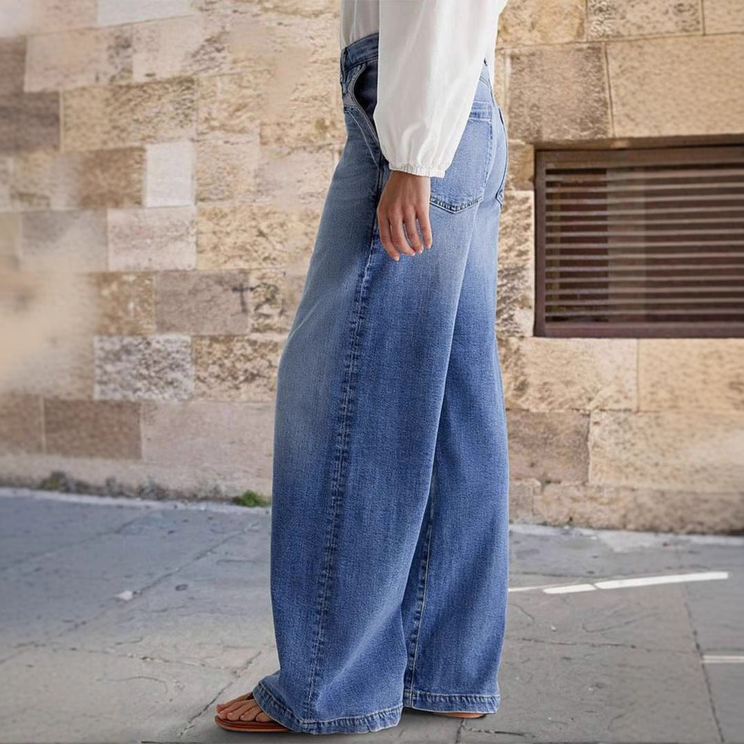 Vida jeans dam med hög midja | Dekorativa sömmar vid fickorna | Hellång modell | Bältesöglor i midjan