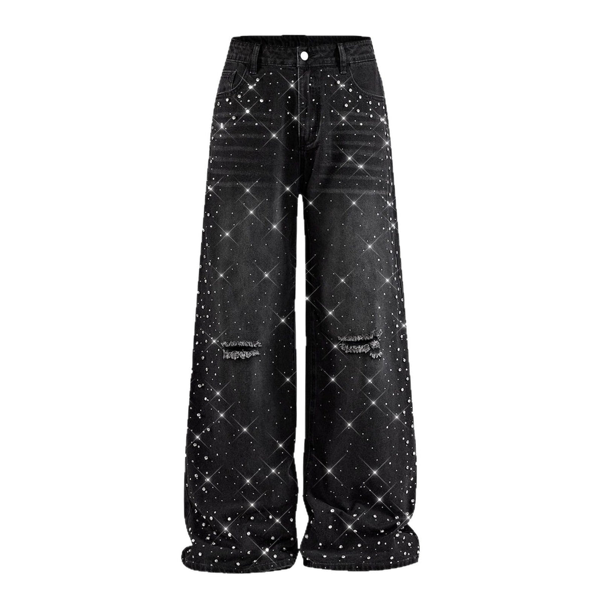 Svarta vida jeans dam med strass och revor