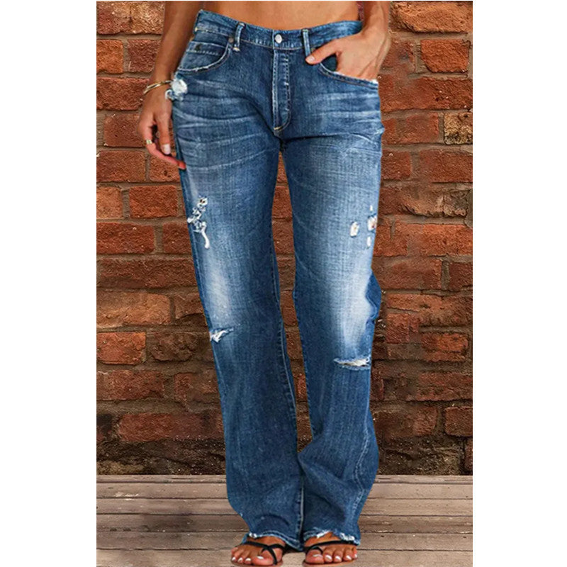 Avslappnade jeans dam med sliten vintageeffekt