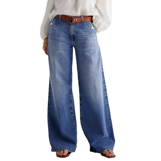 Vida jeans dam med hög midja | Dekorativa sömmar vid fickorna | Hellång modell | Bältesöglor i midjan