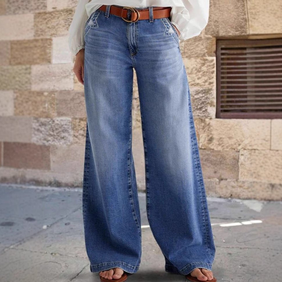 Vida jeans dam med hög midja | Dekorativa sömmar vid fickorna | Hellång modell | Bältesöglor i midjan