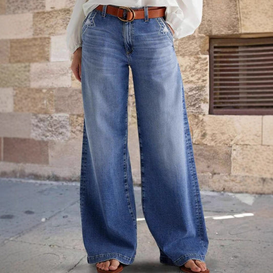 Vida jeans dam med hög midja | Dekorativa sömmar vid fickorna | Hellång modell | Bältesöglor i midjan