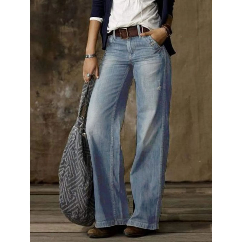 Raka jeans dam med vida ben | Lång modell som når skon | Ledig passform | Markerad söm framtill
