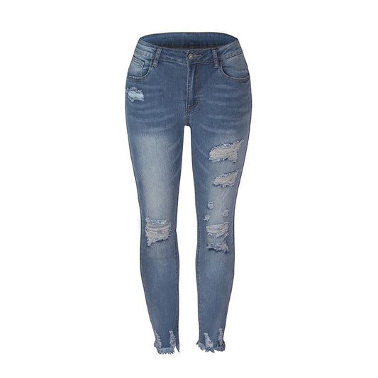 Slitna jeans dam med hög midja | Fransad fåll | Hål på lår och knän | Smal passform i ankellängd