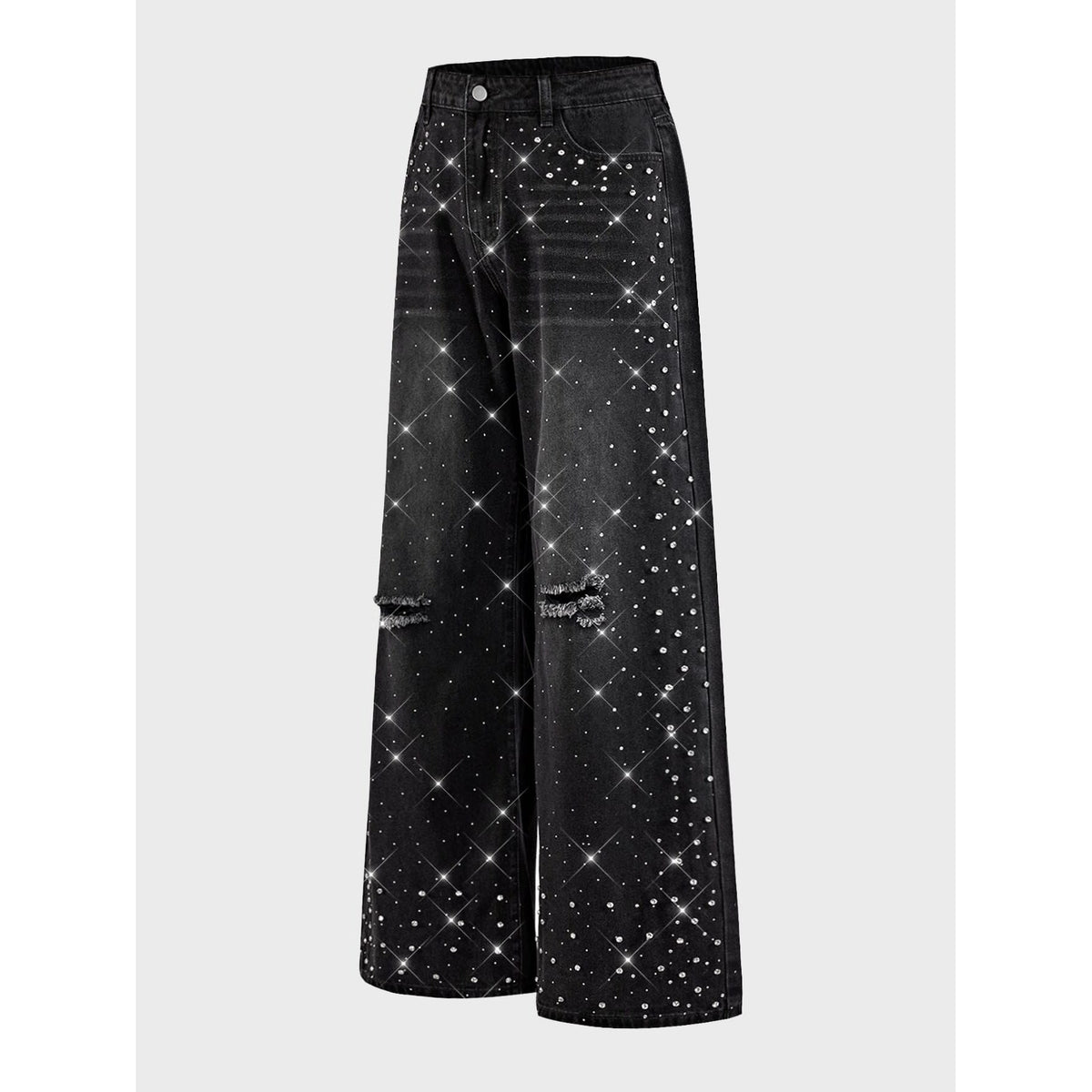 Svarta vida jeans dam med strass och revor
