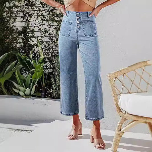 Jeans dam med hög midja och knappgylf | Vida ben i ankellängd | Påsydda framfickor | Ledig passform