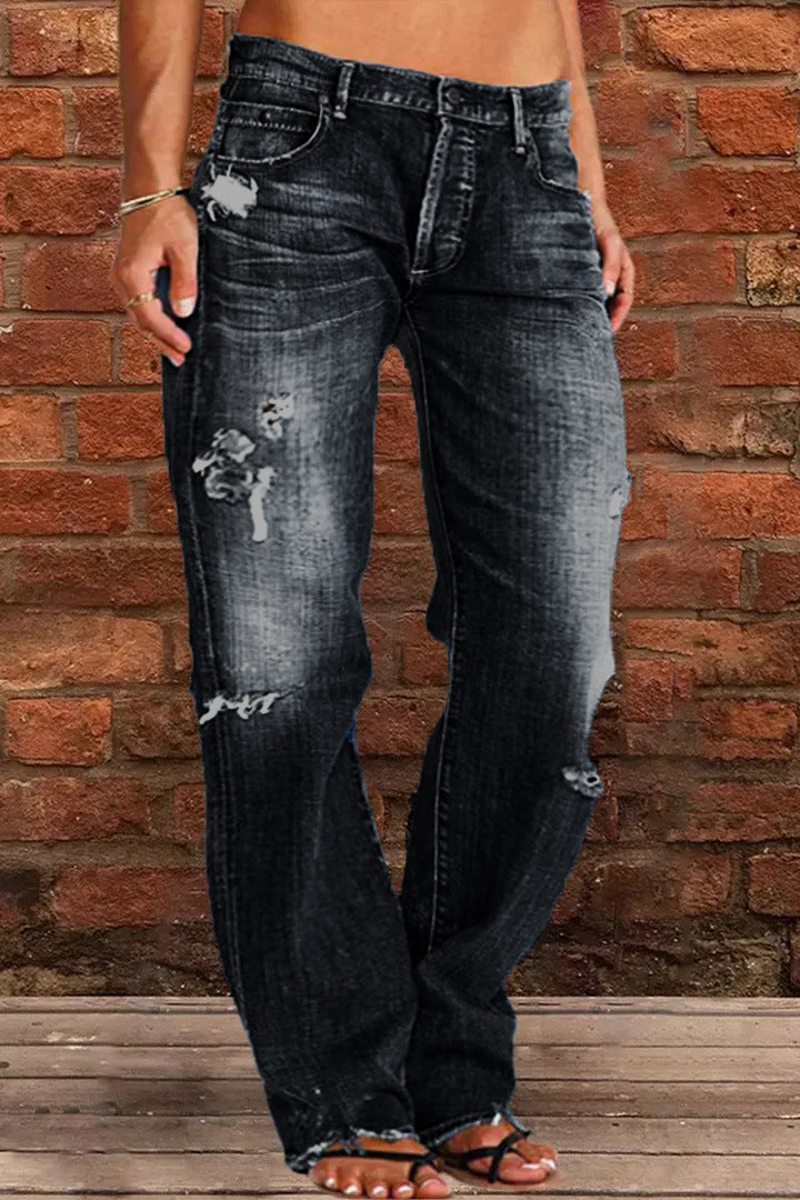 Avslappnade jeans dam med sliten vintageeffekt