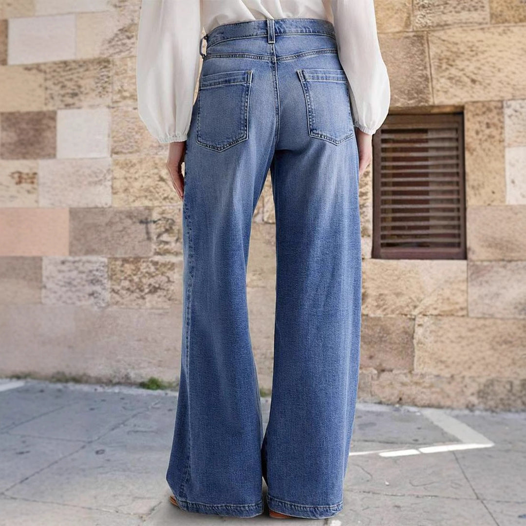 Vida jeans dam med hög midja | Dekorativa sömmar vid fickorna | Hellång modell | Bältesöglor i midjan
