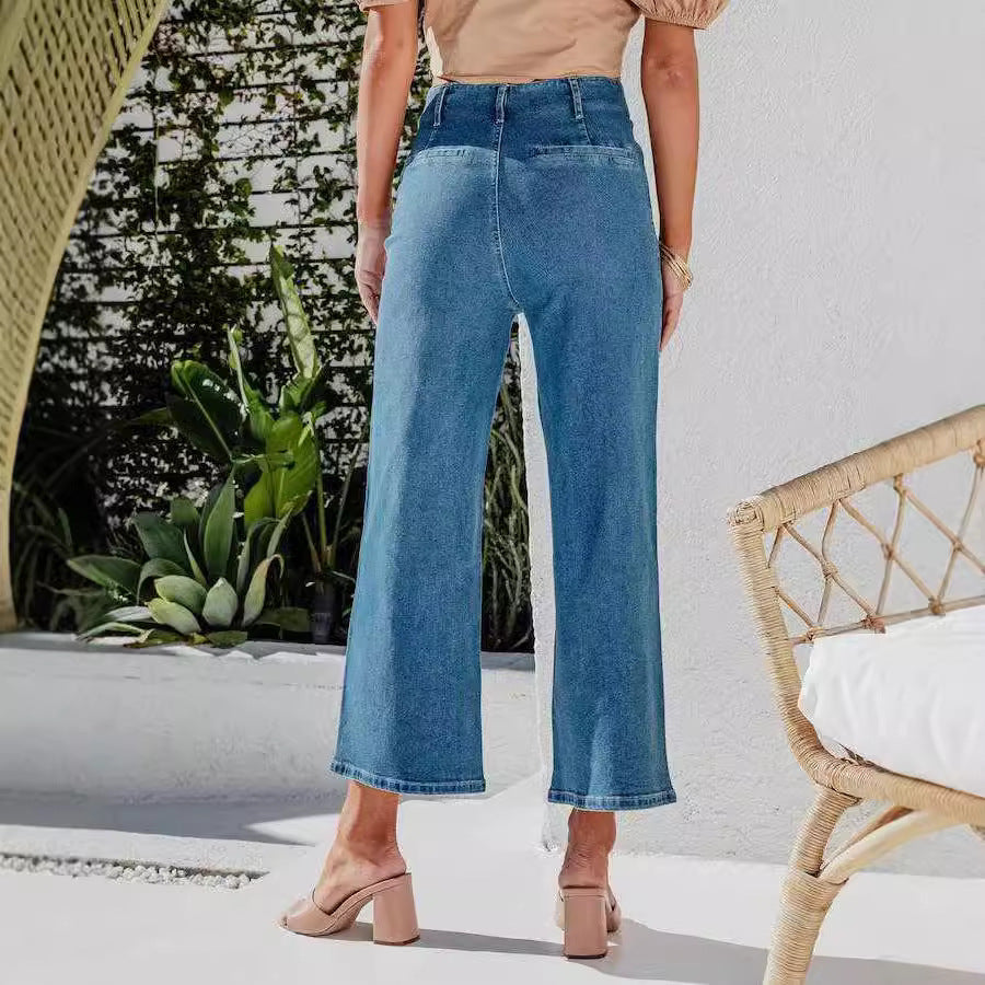 Jeans dam med hög midja och knappgylf | Vida ben i ankellängd | Påsydda framfickor | Ledig passform