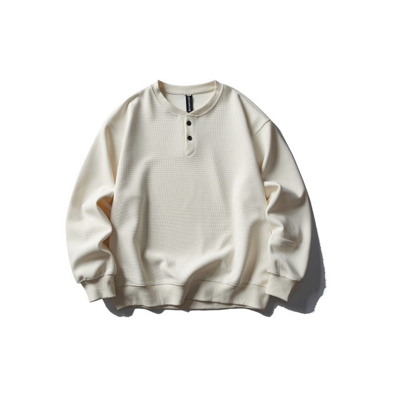 Våffelstickad sweatshirt herr med knappslå