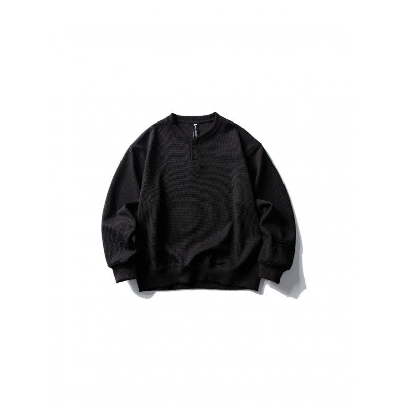 Våffelstickad sweatshirt herr med knappslå