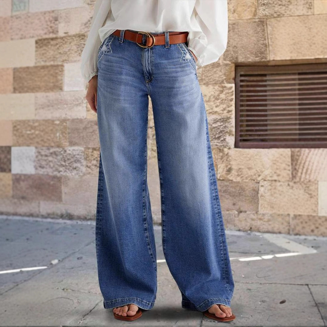 Vida jeans dam med hög midja | Dekorativa sömmar vid fickorna | Hellång modell | Bältesöglor i midjan