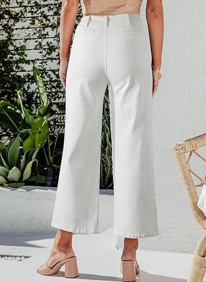 Jeans dam med hög midja och knappgylf | Vida ben i ankellängd | Påsydda framfickor | Ledig passform