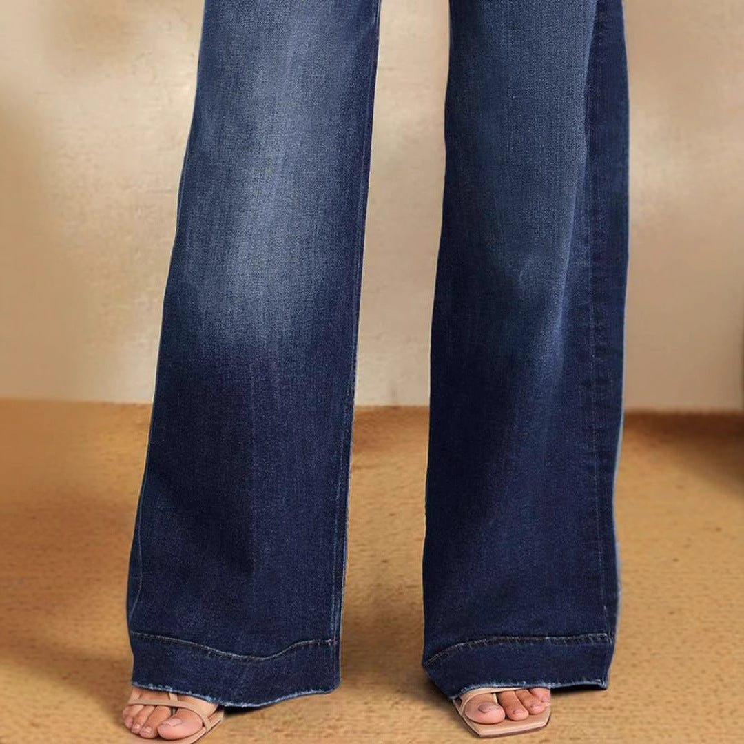 Mörkblå jeans dam med extra vid benlinje