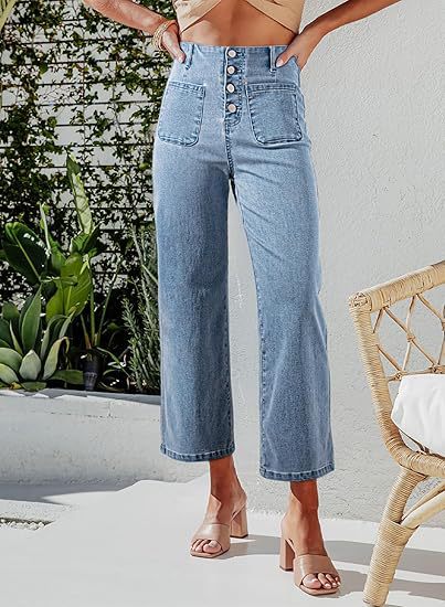 Jeans dam med hög midja och knappgylf | Vida ben i ankellängd | Påsydda framfickor | Ledig passform