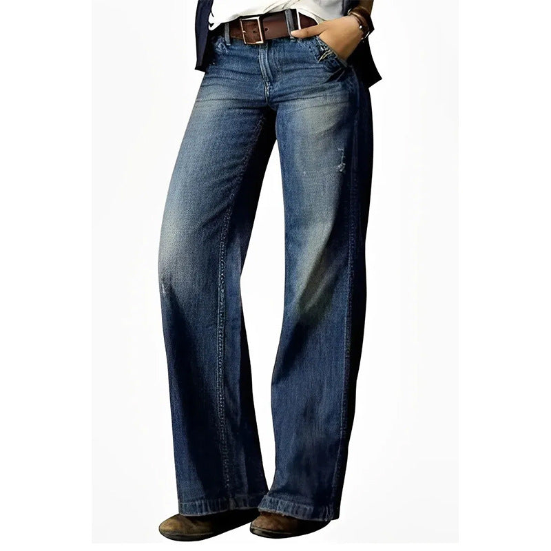 Raka jeans dam med vida ben | Lång modell som når skon | Ledig passform | Markerad söm framtill