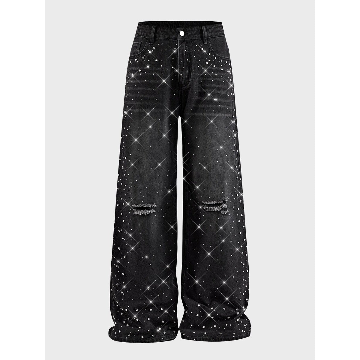 Svarta vida jeans dam med strass och revor
