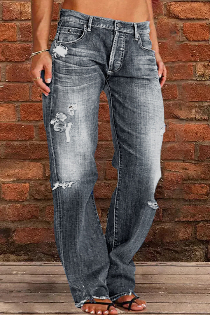 Avslappnade jeans dam med sliten vintageeffekt