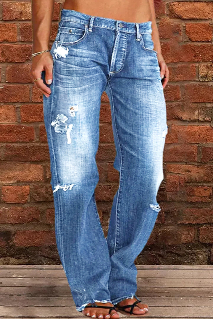 Avslappnade jeans dam med sliten vintageeffekt