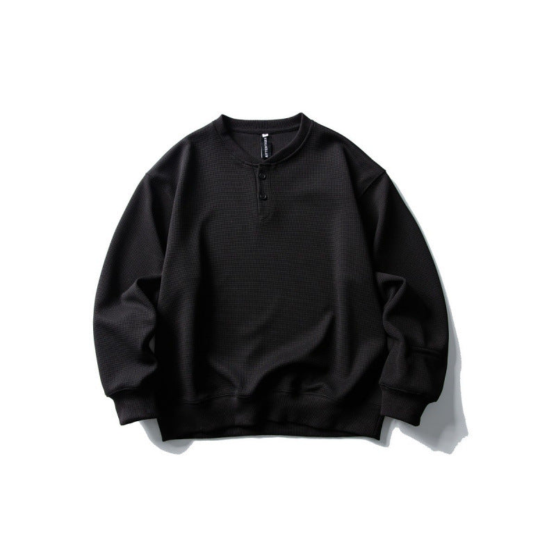 Våffelstickad sweatshirt herr med knappslå