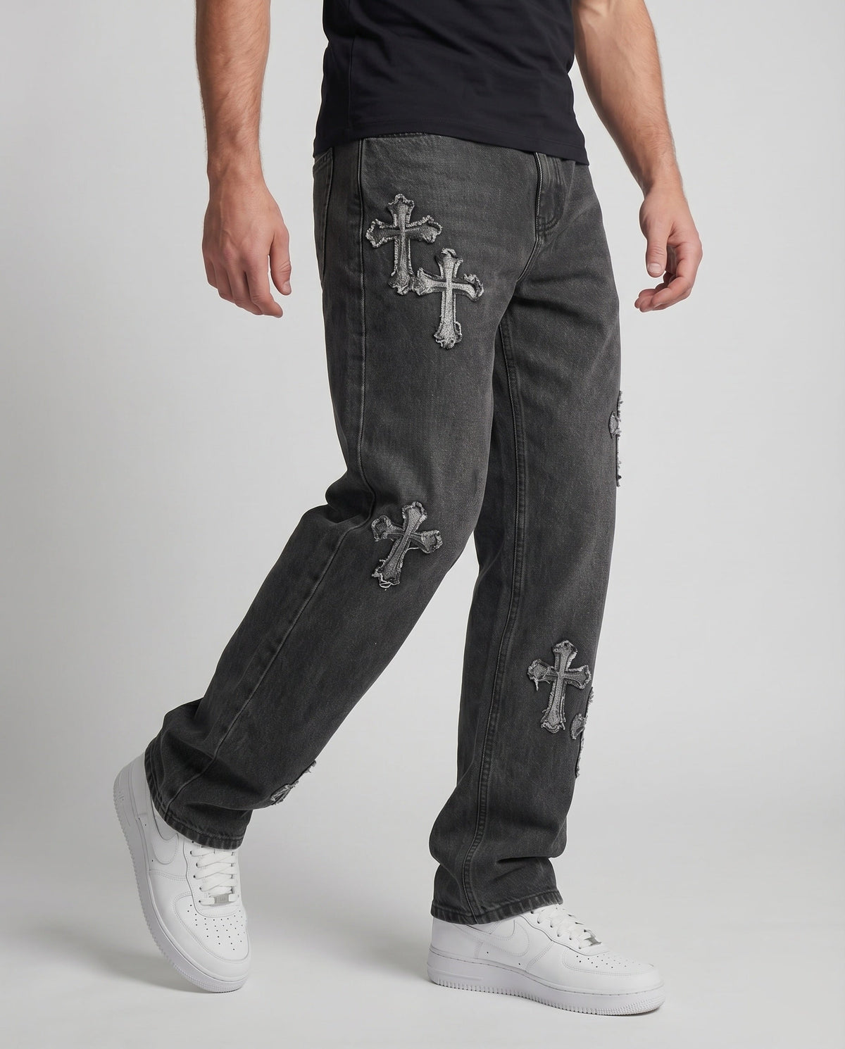 Vida jeans herr med korsapplikationer och låg gren