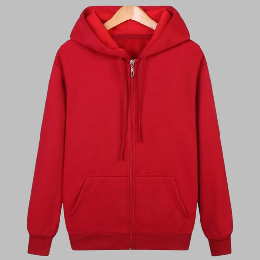 Hoodie herr med hel dragkedja | Röd huvtröja med justerbar dragsko | Två framfickor och ribbade ärmslut