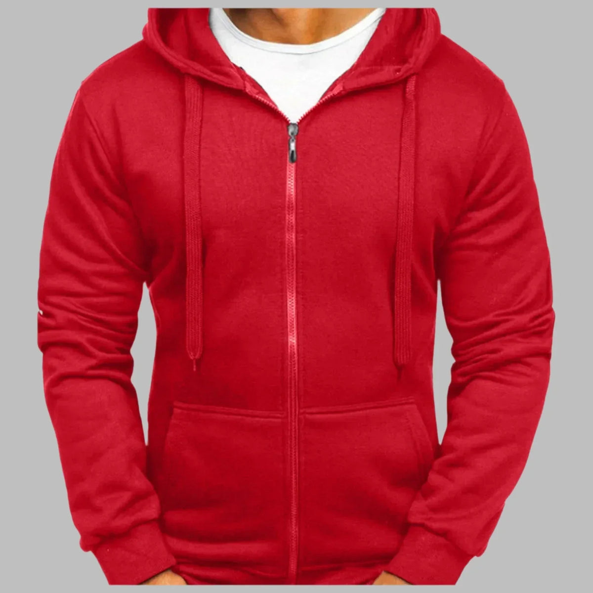 Hoodie herr med hel dragkedja | Röd huvtröja med justerbar dragsko | Två framfickor och ribbade ärmslut