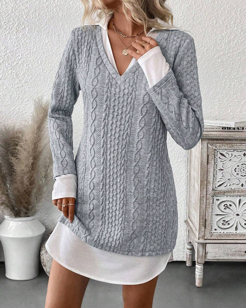 Flätstickad klänning dam med skjortkrage i lagerlook