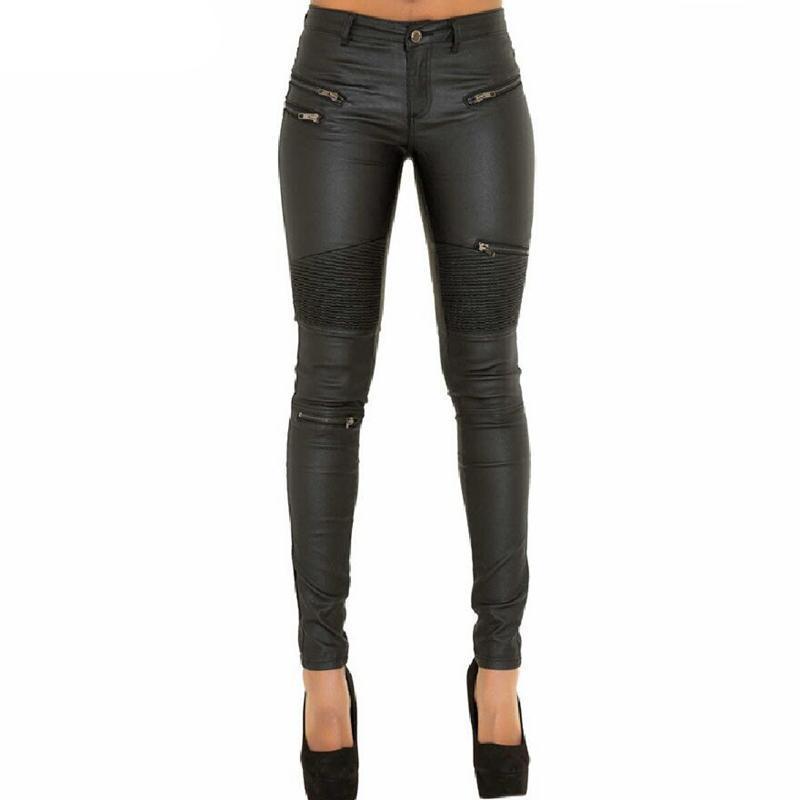Belagda skinnybyxor dam med bikerdetaljer