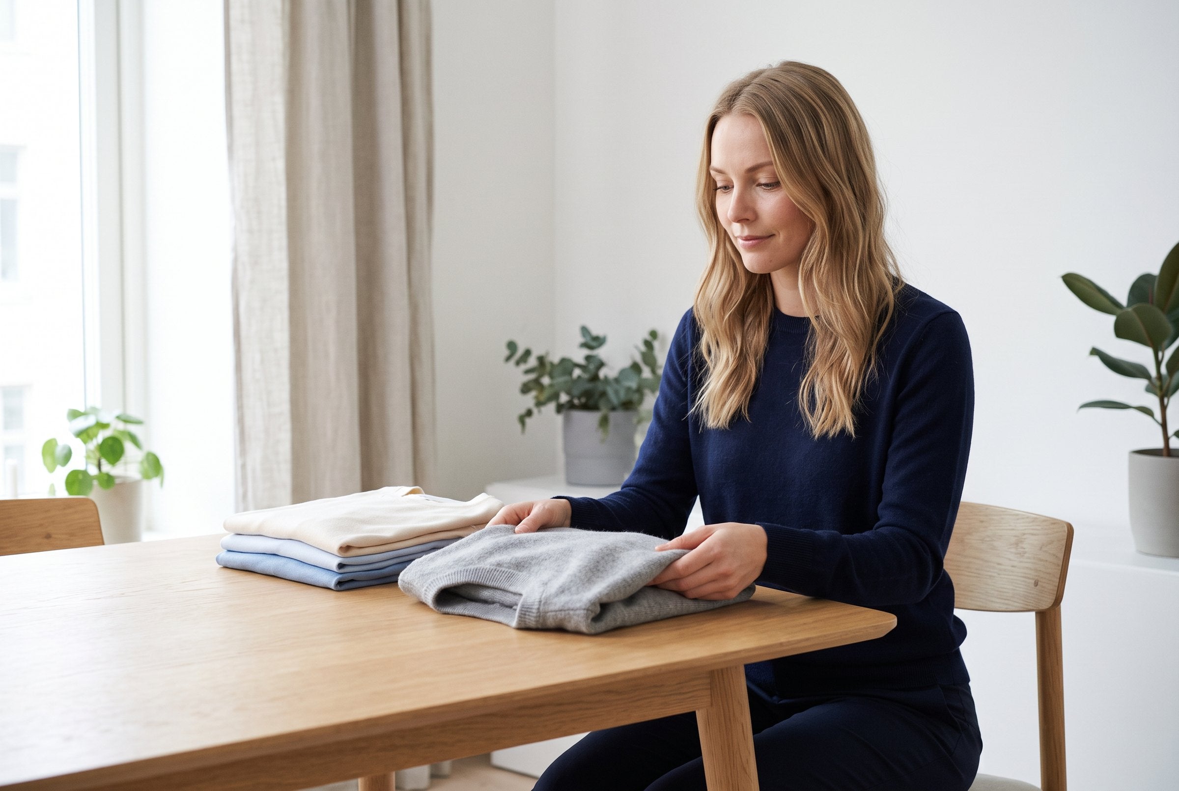 Woman folding a grey knit sweater at a wooden table