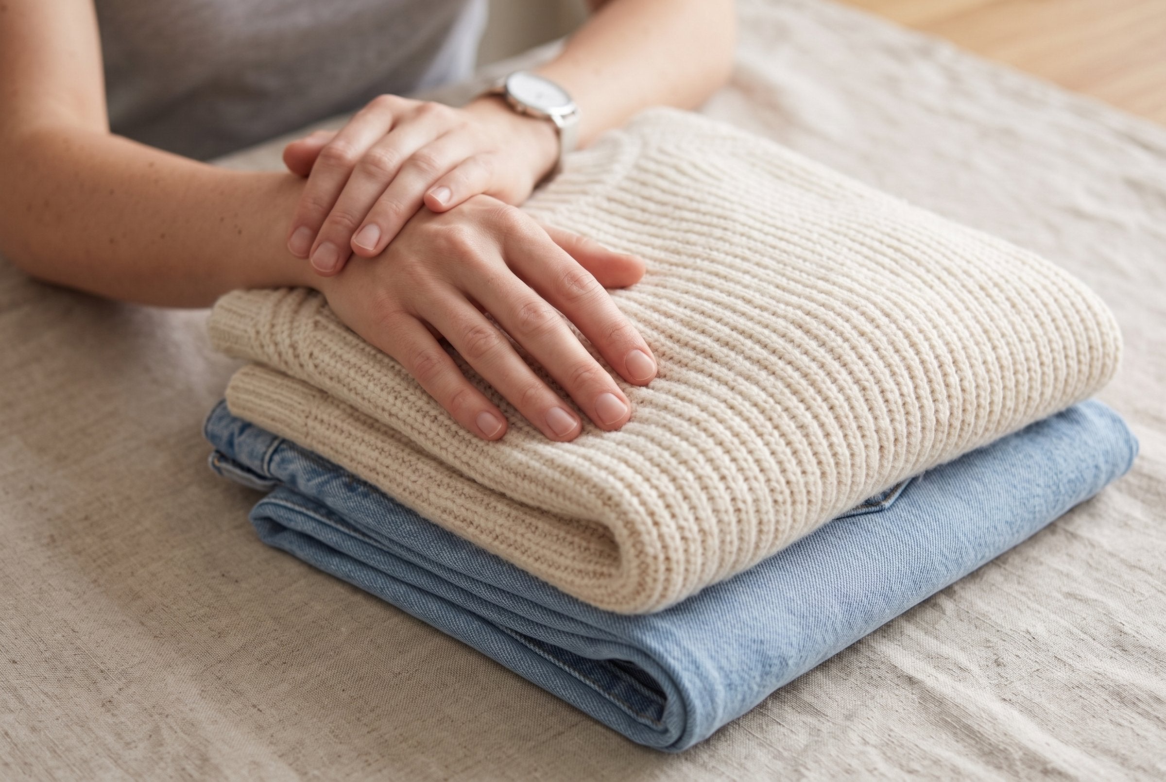 Hands resting on a folded cream knit sweater and blue denim