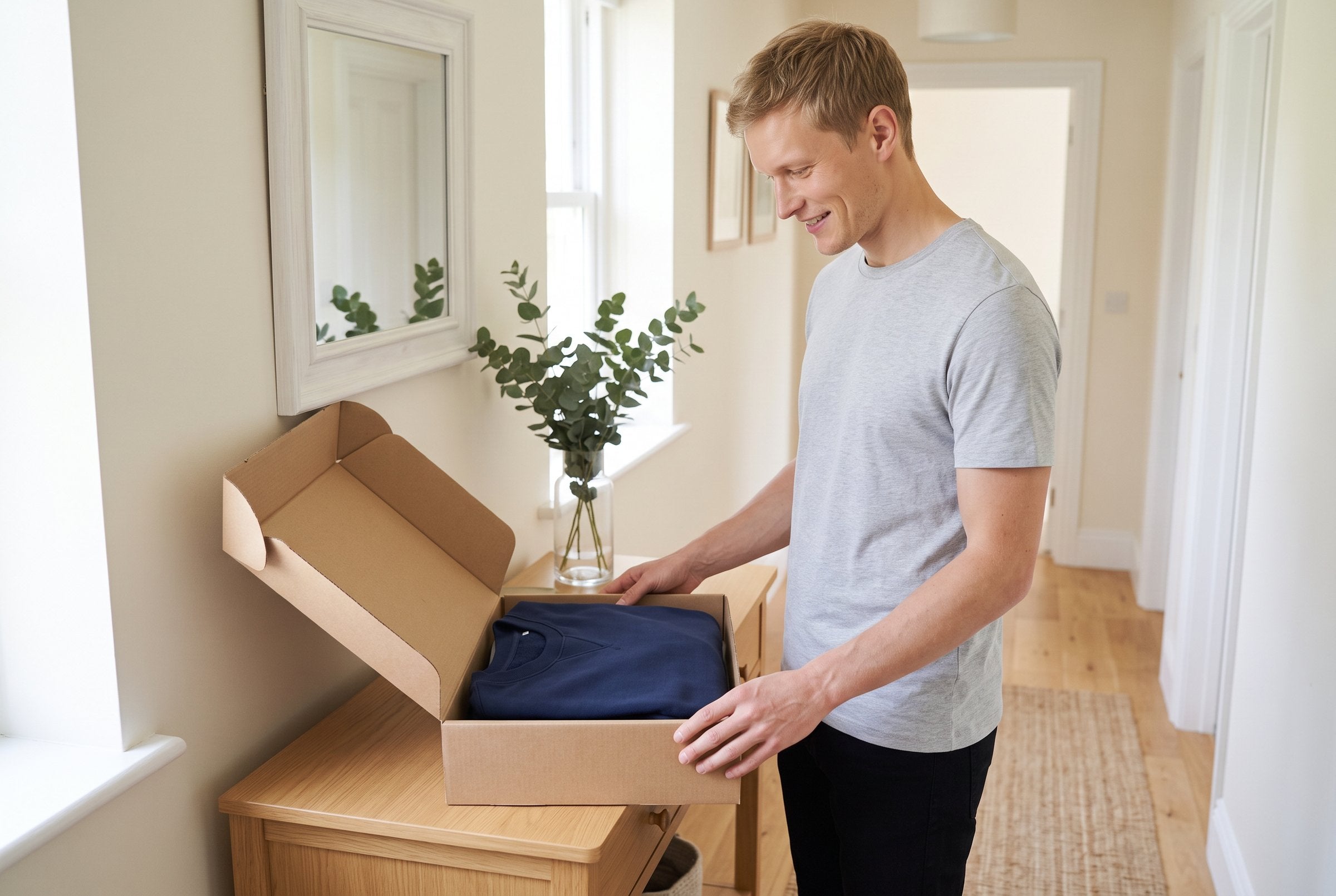 Man opening a parcel with a navy sweatshirt inside