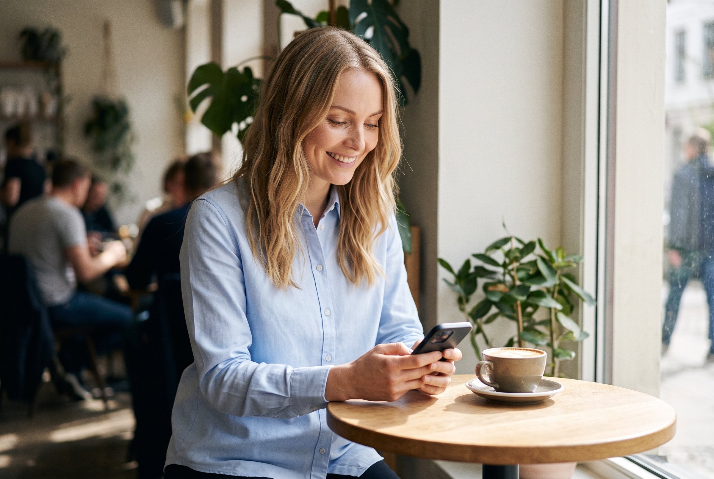 Woman in a light-blue shirt typing a message on her phone in a cafe