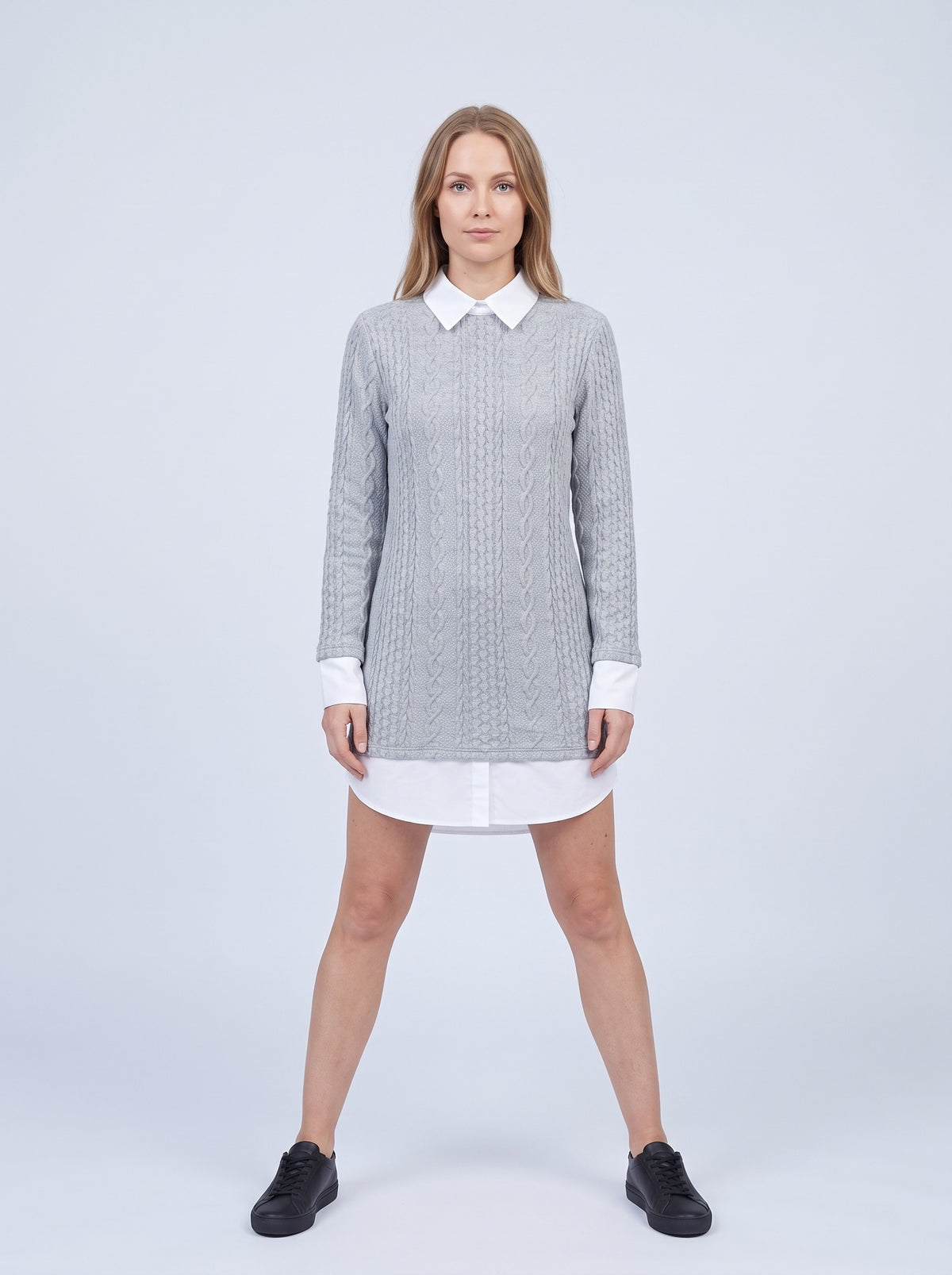 Flätstickad klänning dam med skjortkrage i lagerlook