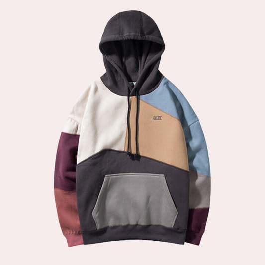Hoodie herr med asymmetriska färgblock | Huva med dragsko | Nedsänkta axlar och ribbade muddar vid ärmar och nederkant