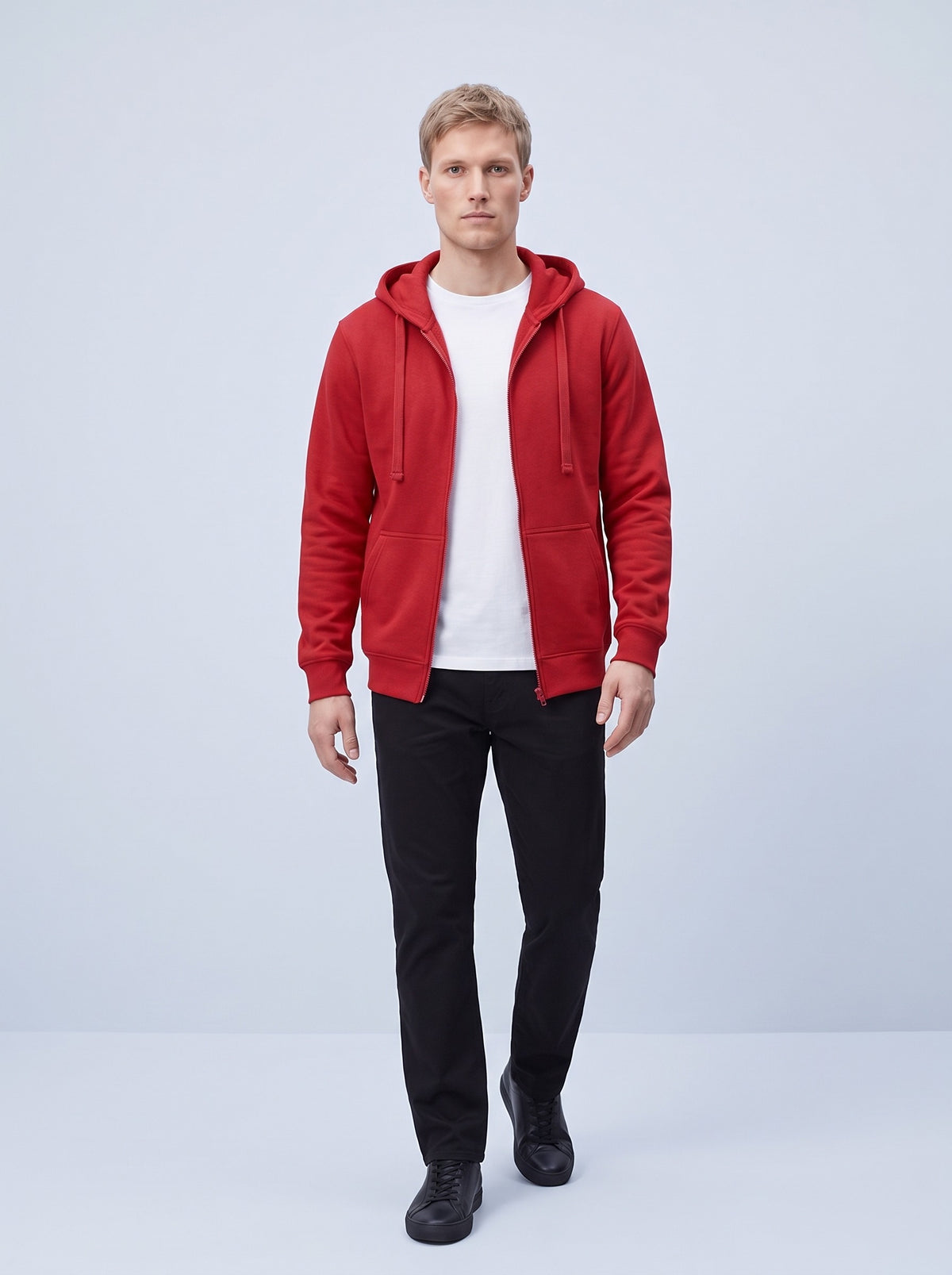 Hoodie herr med hel dragkedja | Röd huvtröja med justerbar dragsko | Två framfickor och ribbade ärmslut
