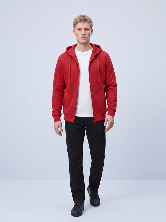 Hoodie herr med hel dragkedja | Röd huvtröja med justerbar dragsko | Två framfickor och ribbade ärmslut